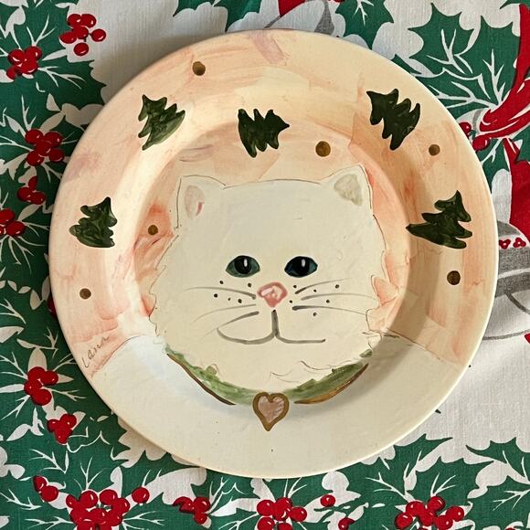 White Cat Christmas Cookie Plate with Scattered Christmas Trees - Picture 8 of 9